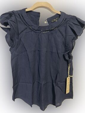 iris Navy Blue Crochet Yoke Flutter Sleeve Blouse